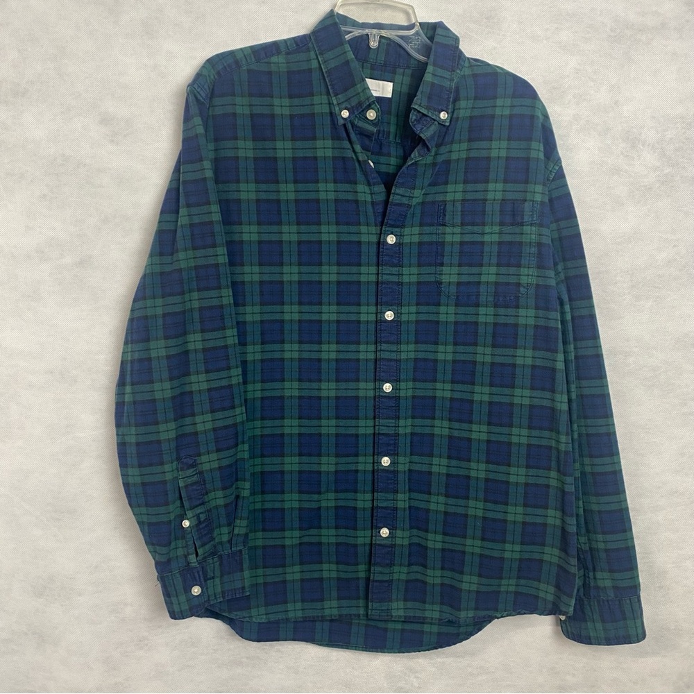 GAP Button Down Shirt Mens XL Green Navy Plaid Long Sleeve Standard Fit Casual